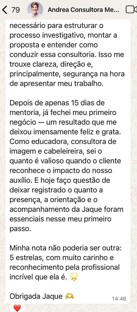 Andrea: primeiro negócio fechado após 15 dias de mentoria